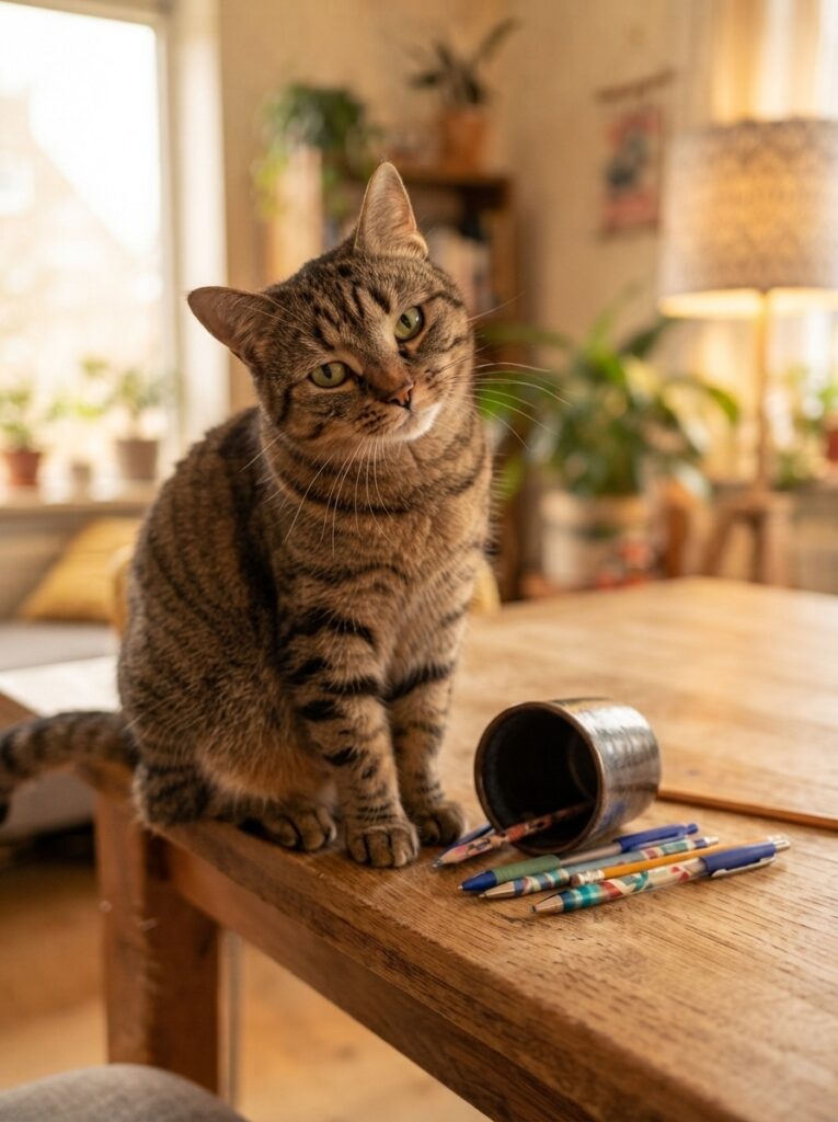 cat knock off table looking at owner