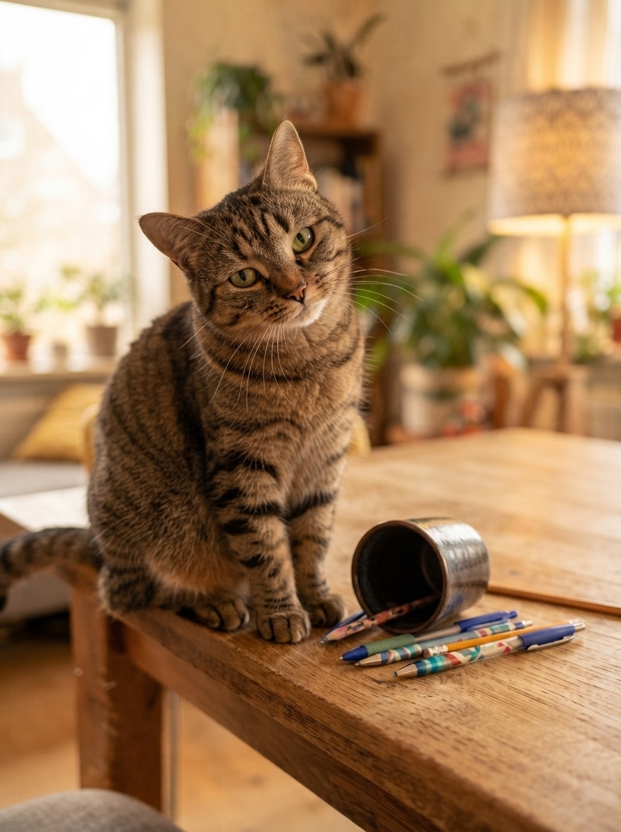 Cat looking directly at its owner after knocking an item off a table