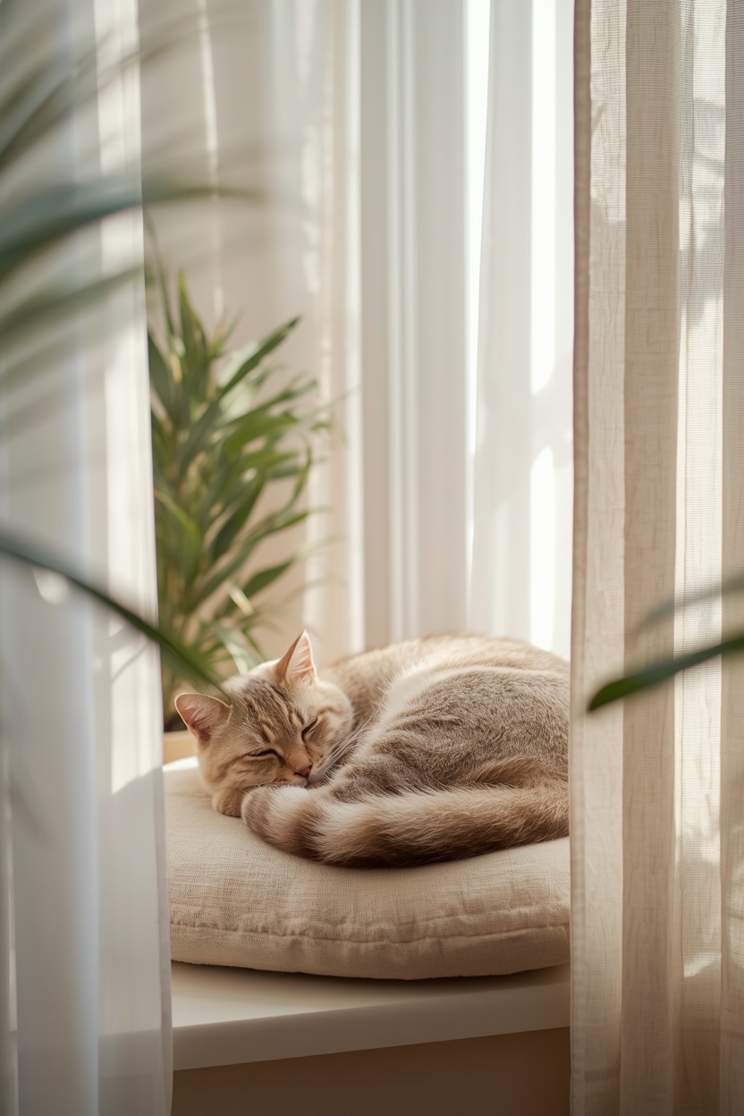 Cat lounging comfortably near a window inside a home