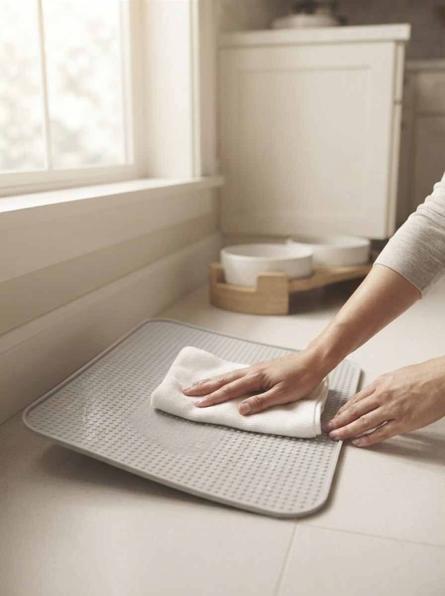 Person wiping down a clean pet feeding station in the kitchen