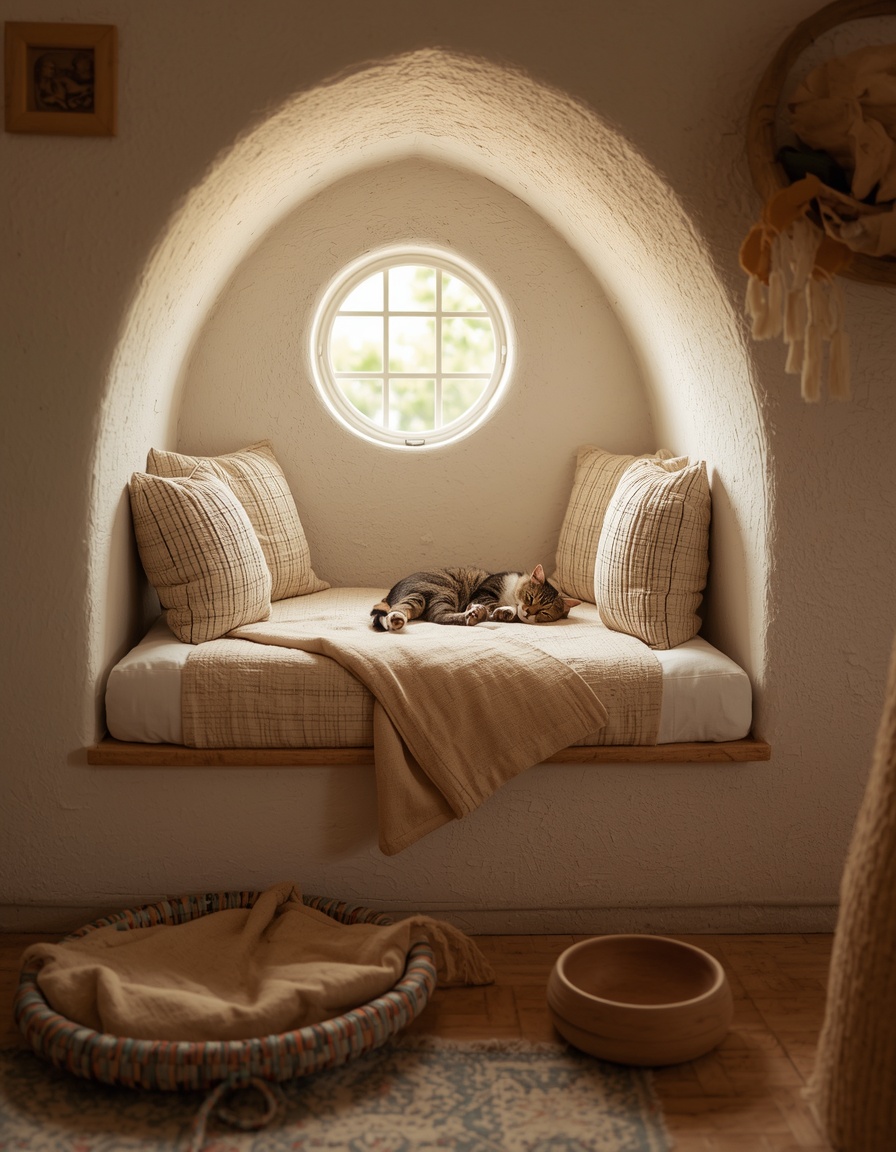 Cushioned window seat with a sleeping cat and a small round window