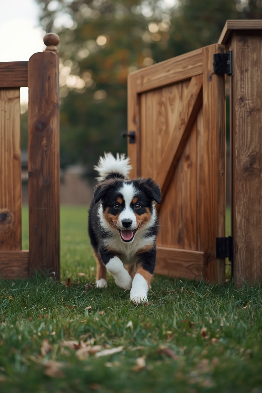 Dog slipping through an open backyard gate