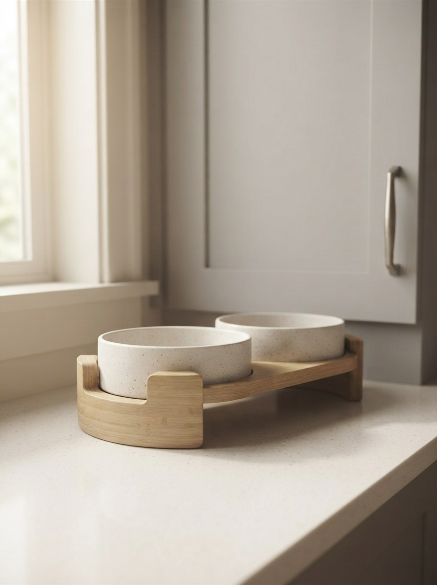 Elevated ceramic pet bowls designed to match kitchen decor