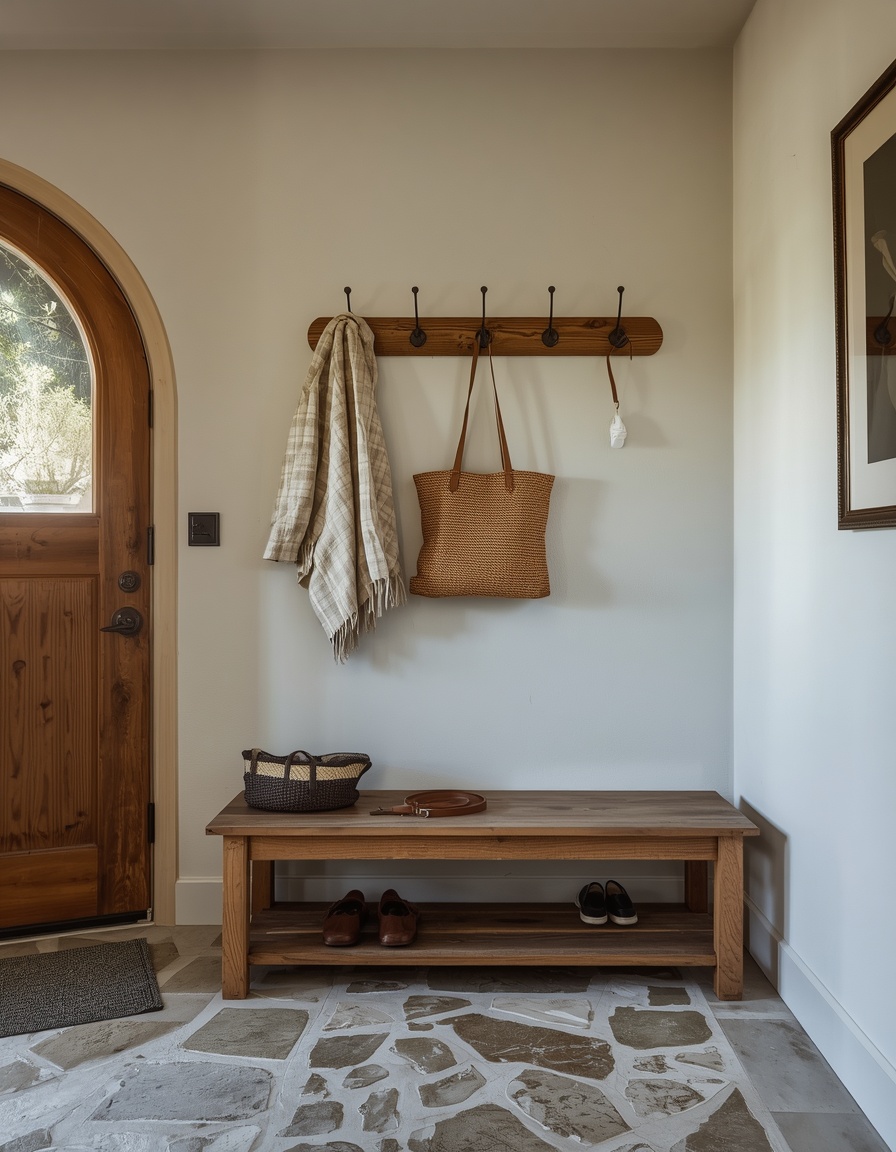 Cottage entry with wrought-iron hooks, a wooden bench and a leash hanging neatly