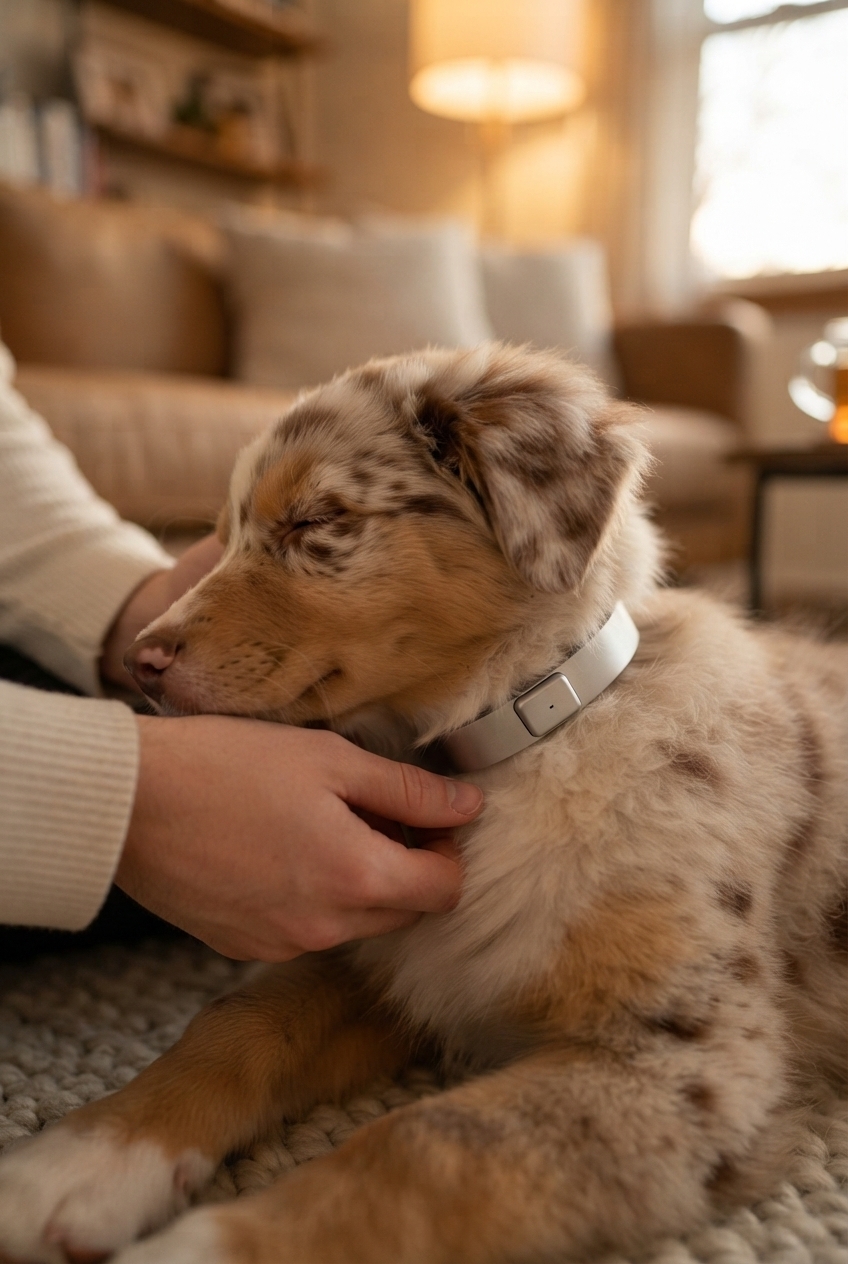 Close-up of a dog wearing a GPS smart collar