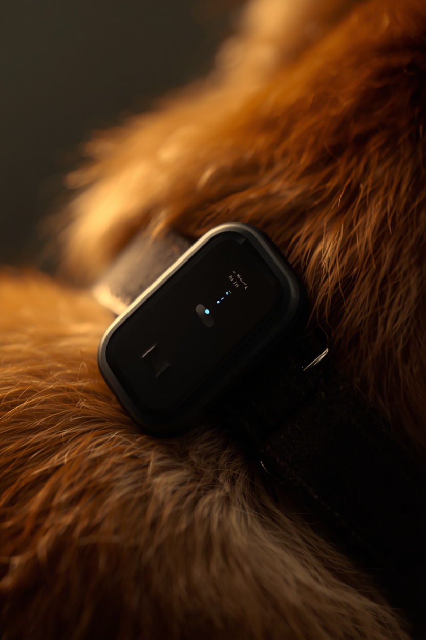 Close-up of a GPS tracker device attached to a dog's collar