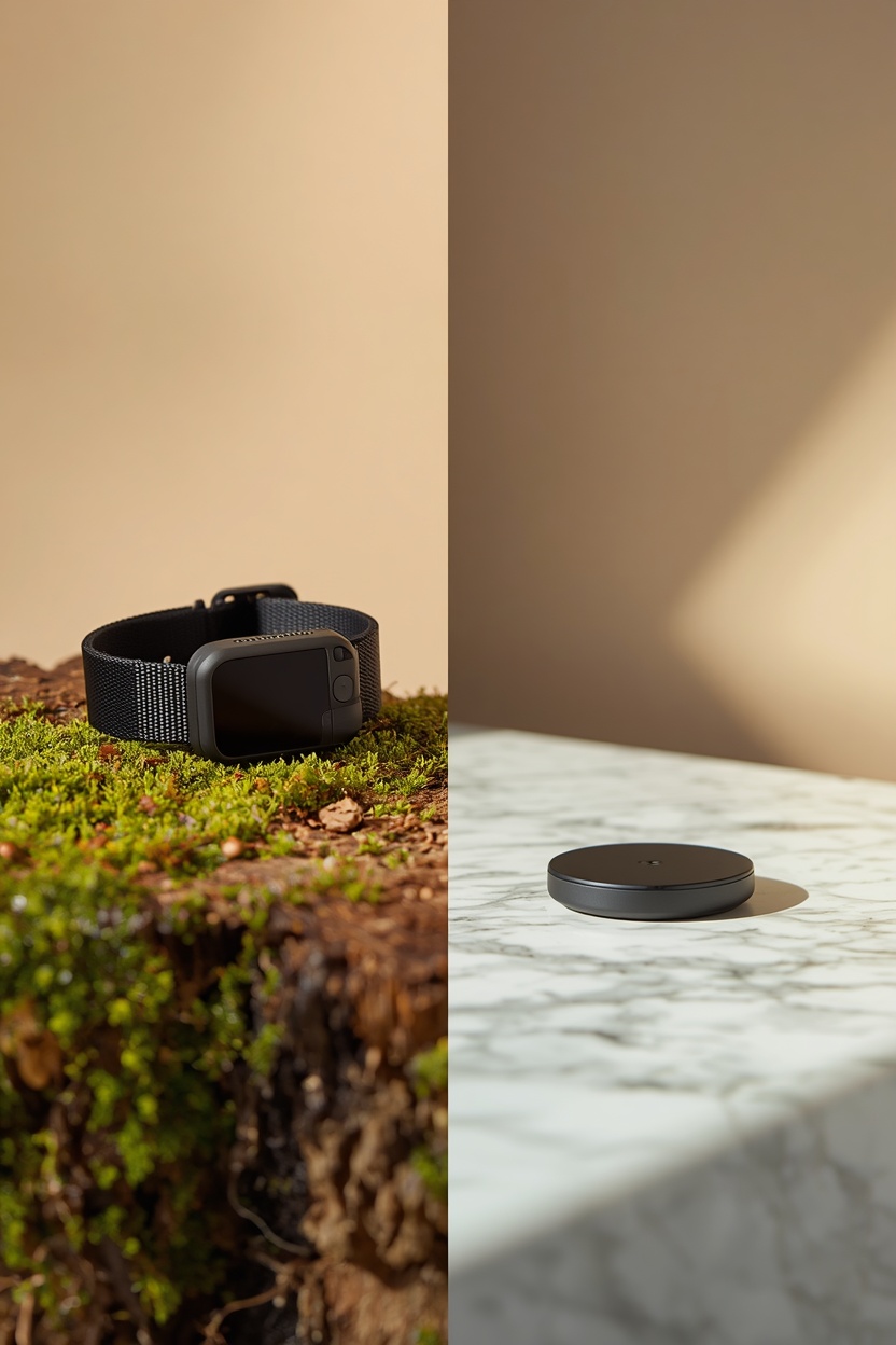 Split visual comparing a dedicated GPS collar tracker with a small Bluetooth tracker disc side by side