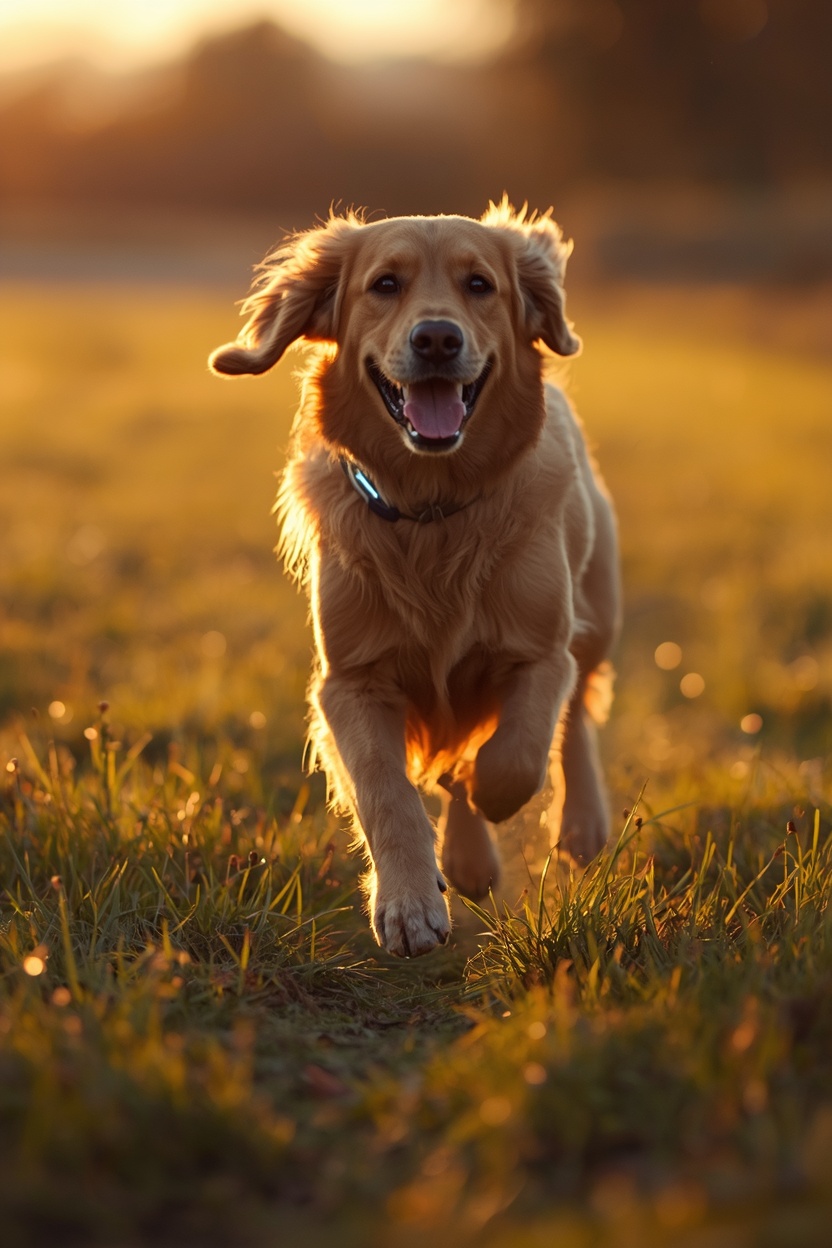 Dog wearing a GPS tracker collar running in an open field