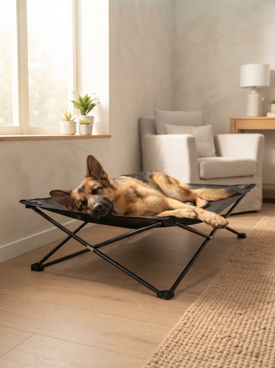Dog resting on a breathable cooling pet bed fabric in a sunlit room