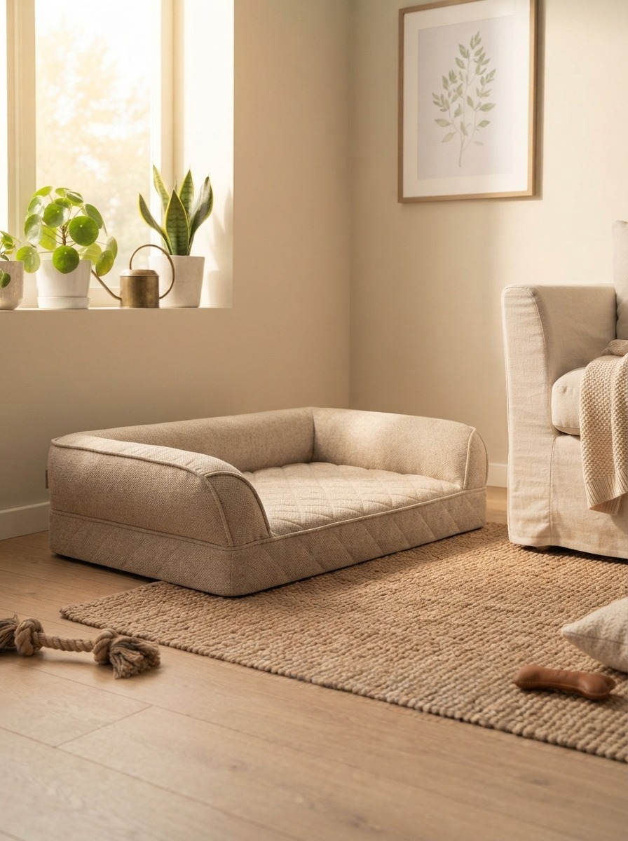 Pet bed placed in a quiet cozy corner of a living room