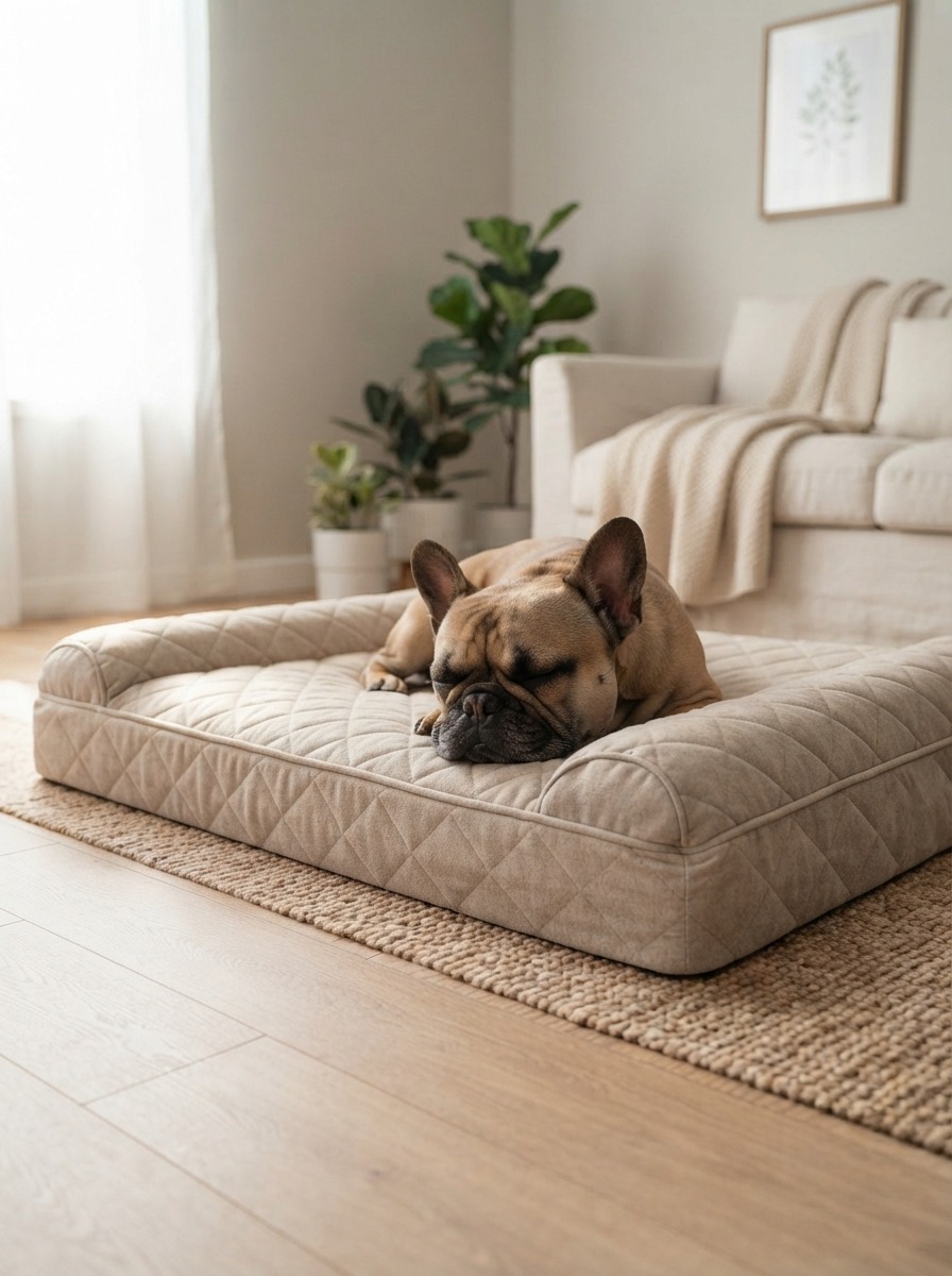 Dog resting comfortably on a cozy bed in a warm living room