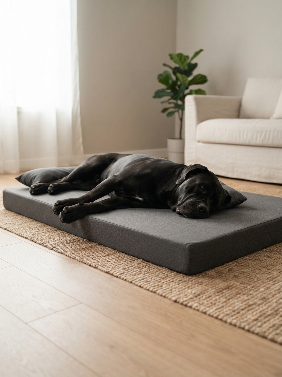 Dog lying fully stretched out being measured next to a bed
