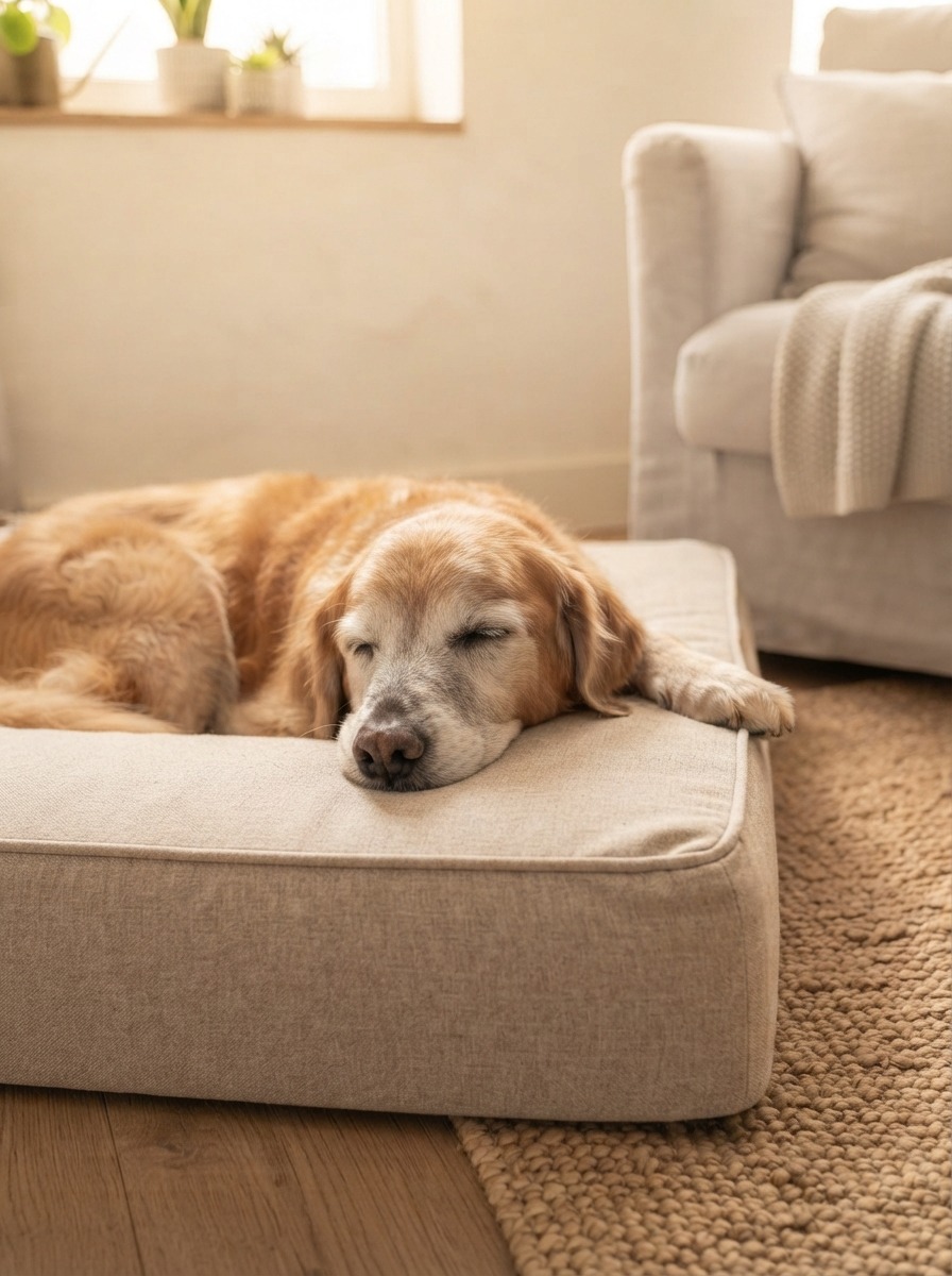 Senior dog resting comfortably on an orthopedic support bed