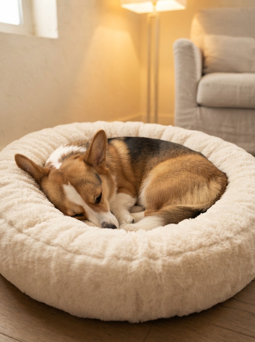 Dog curled up tightly asleep on a round bolstered bed
