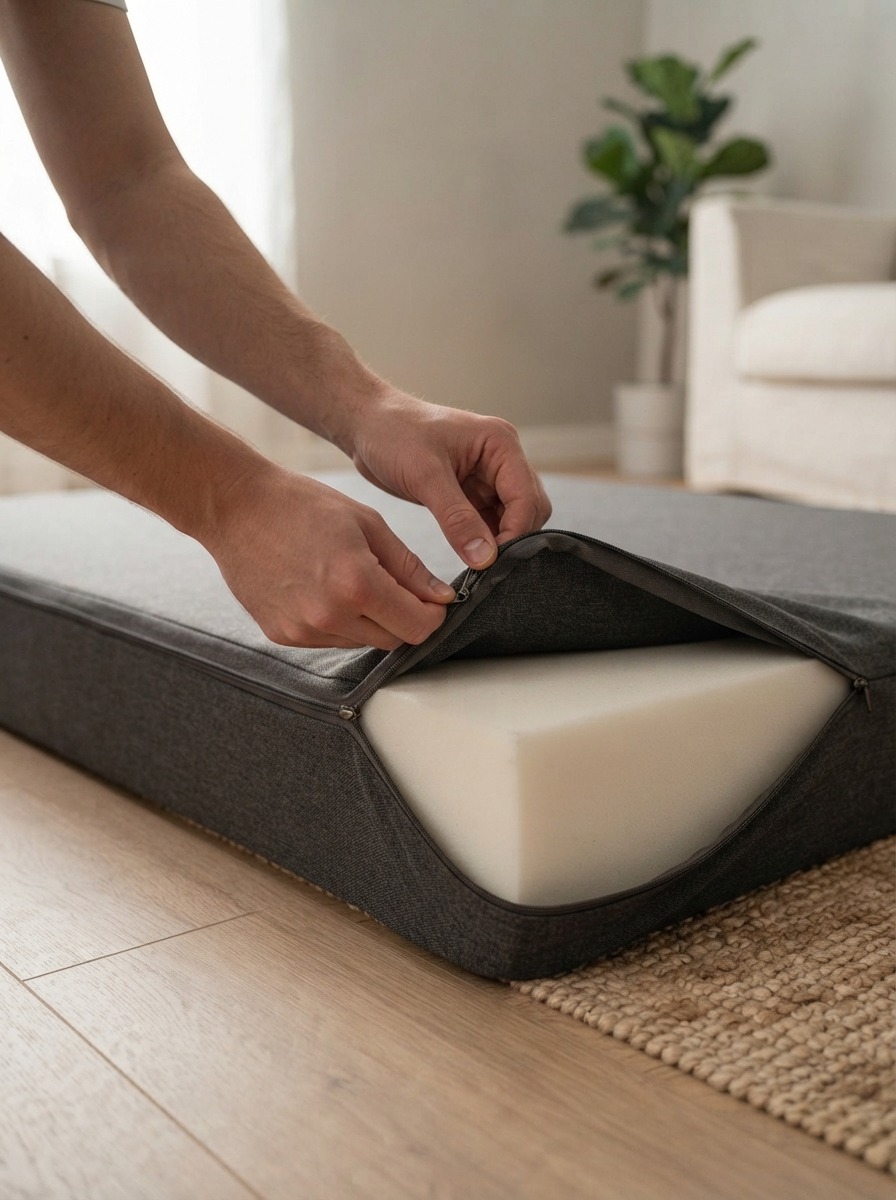 Removable pet bed cover being unzipped for washing