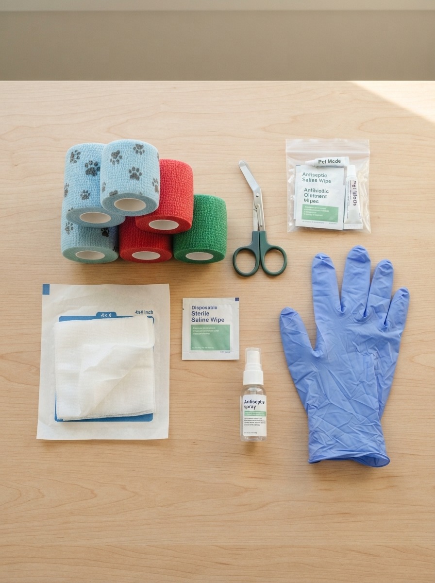 Pet first-aid supplies including bandages and disposable gloves laid out neatly