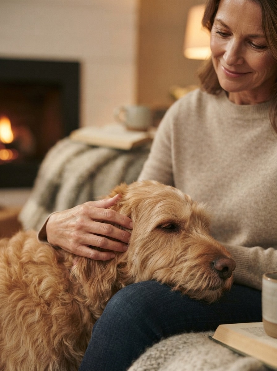 Owner gently comforting a calm dog at home