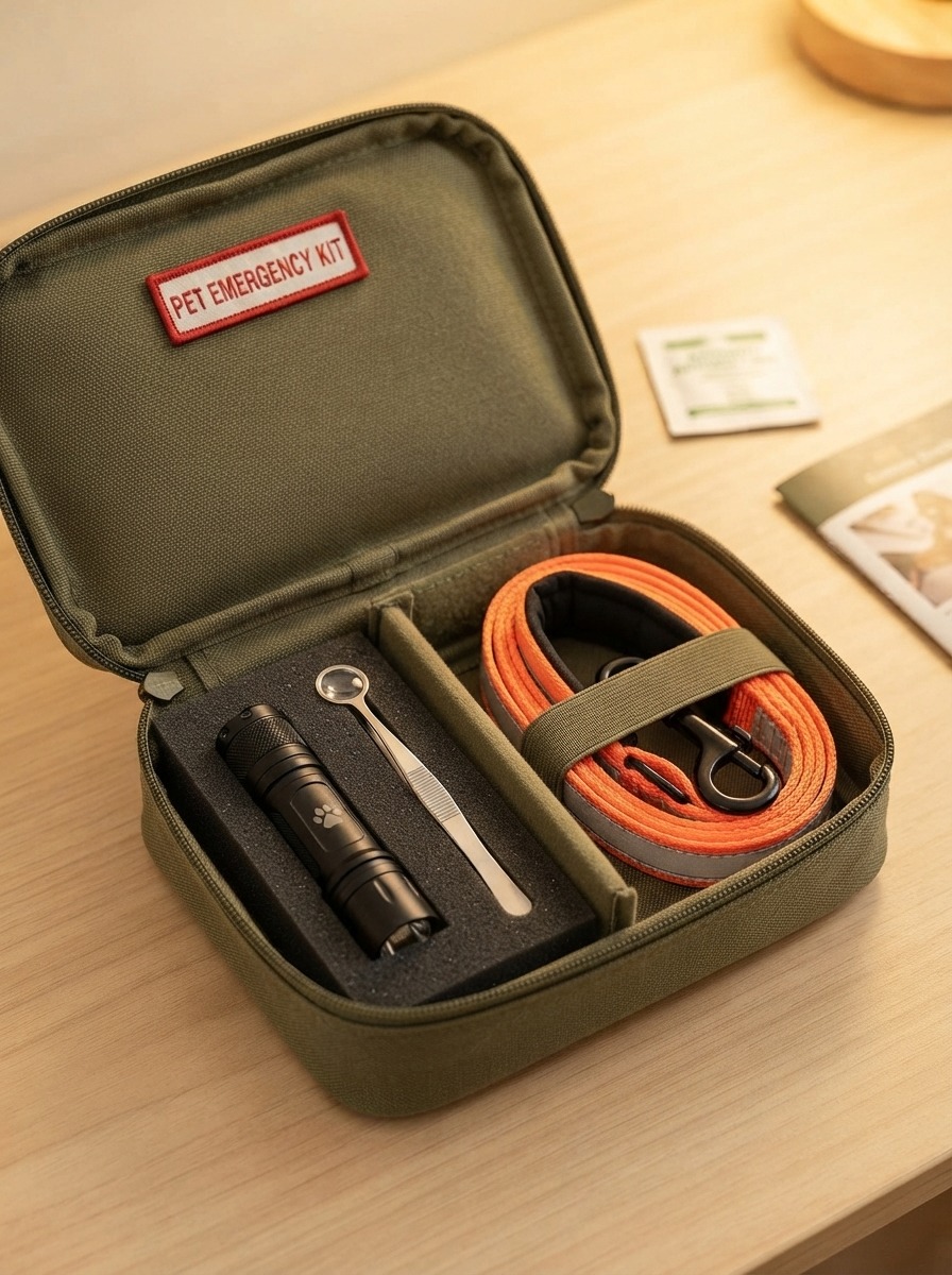 A flashlight and small emergency tools placed inside a pet emergency kit