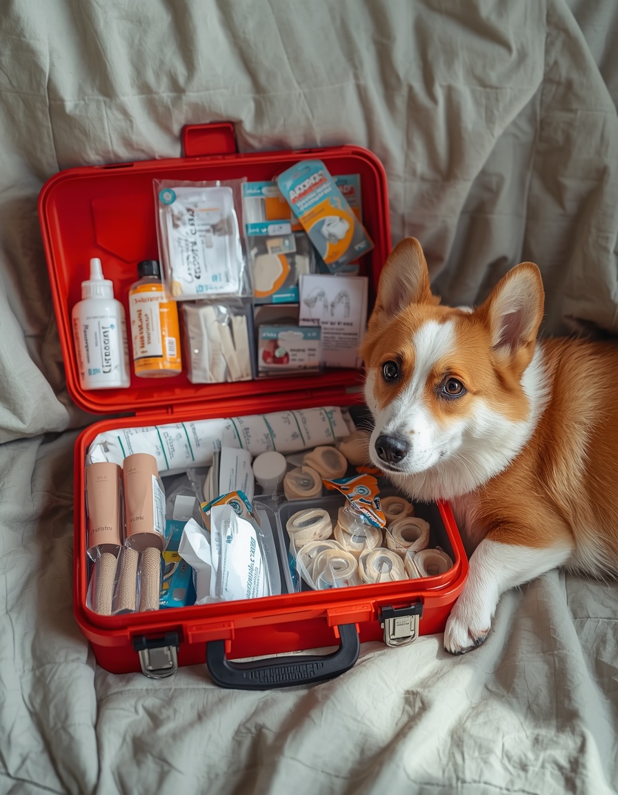 A neatly organized pet emergency kit box with supplies laid out beside a calm dog
