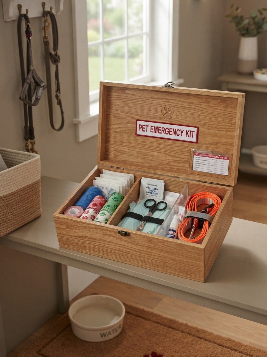 A labeled storage box containing an organized pet emergency kit