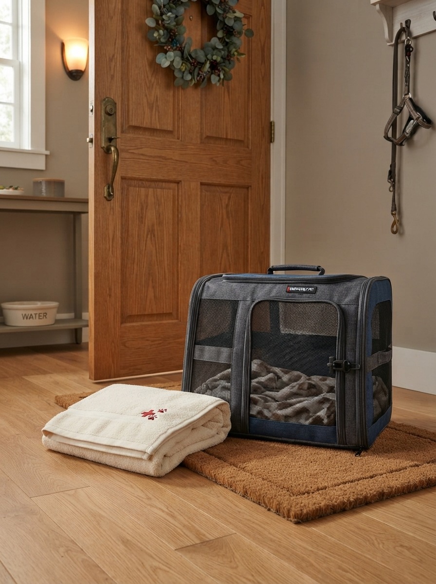 A soft towel and a sturdy pet carrier ready near the door