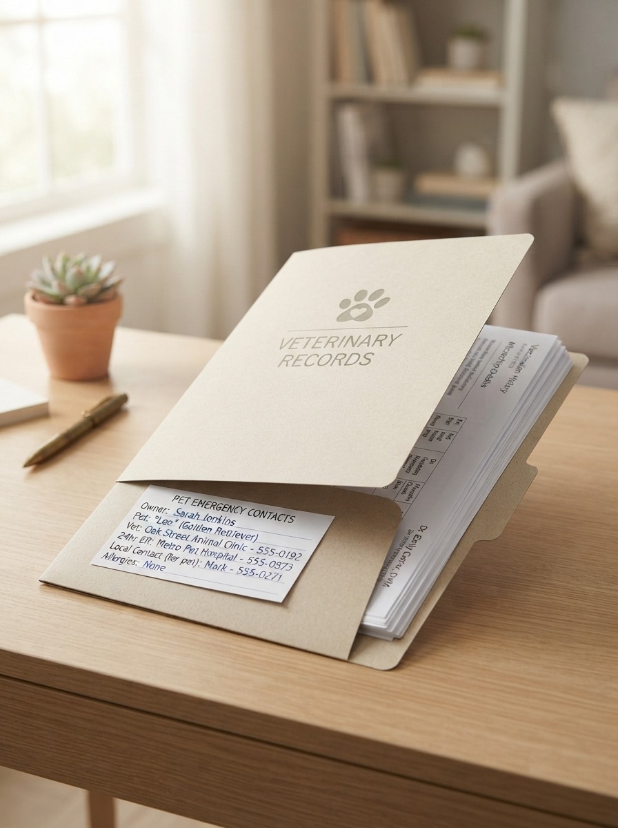A folder with copies of veterinary records and emergency contact information