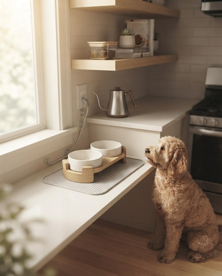 Stylish pet feeding station in a modern kitchen corner