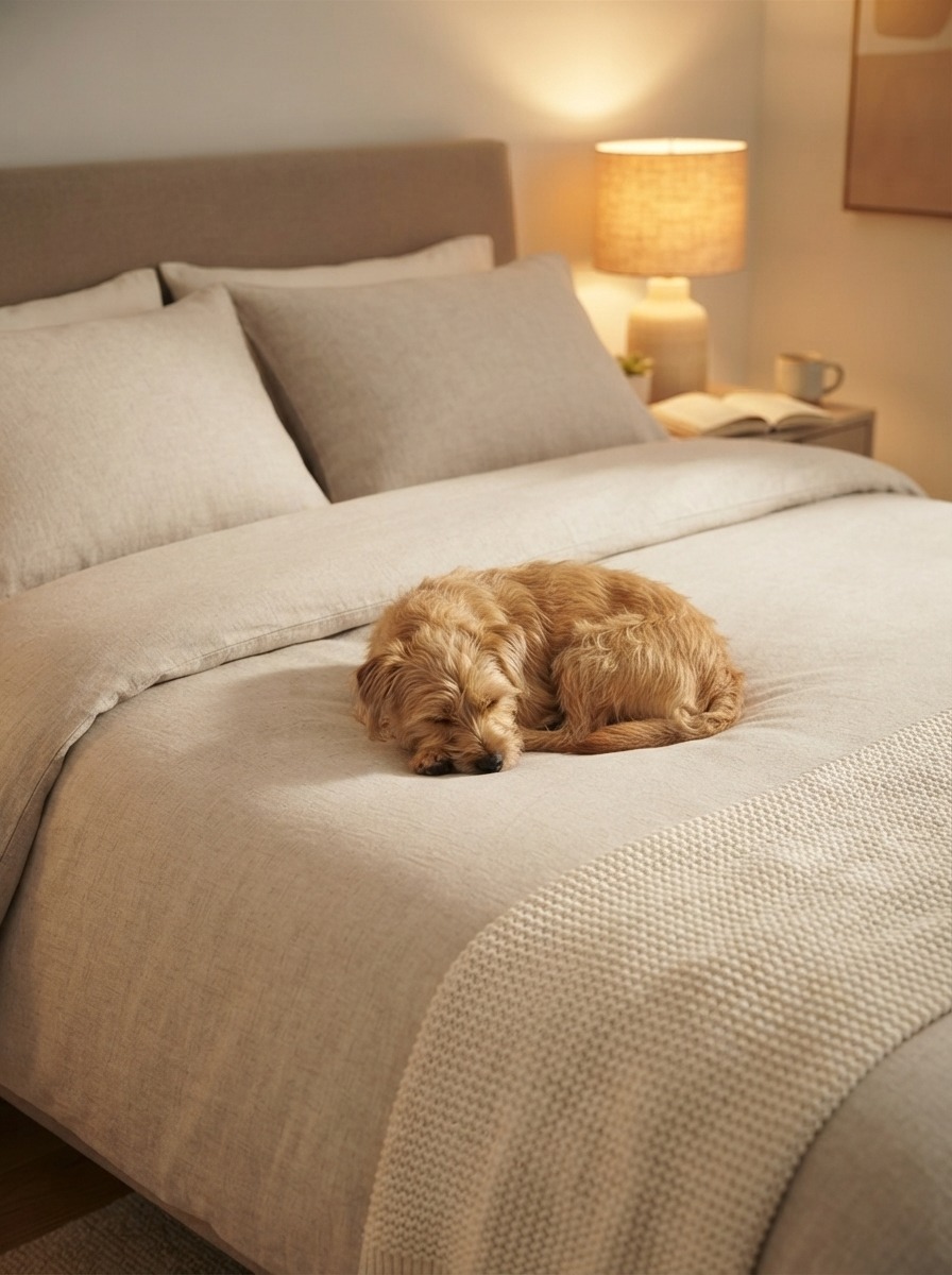 Washable pet-hair-resistant bedding cover on a neatly made bed