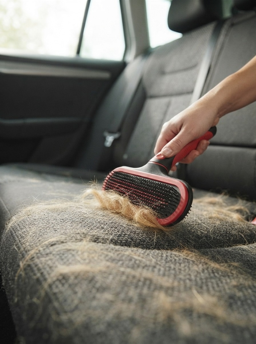 Pet hair being removed from a car seat with a handheld tool