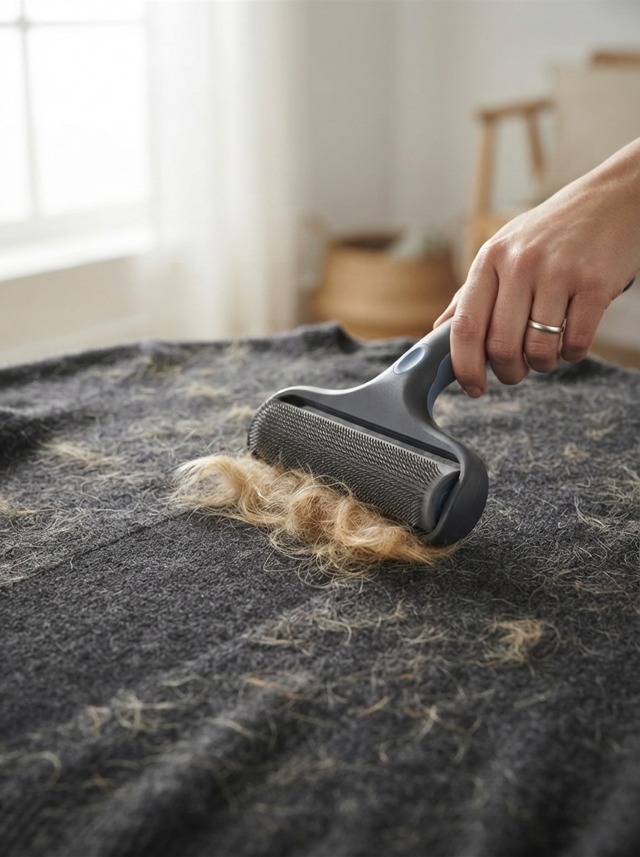 Pet hair roller being used on a dark sweater to remove fur