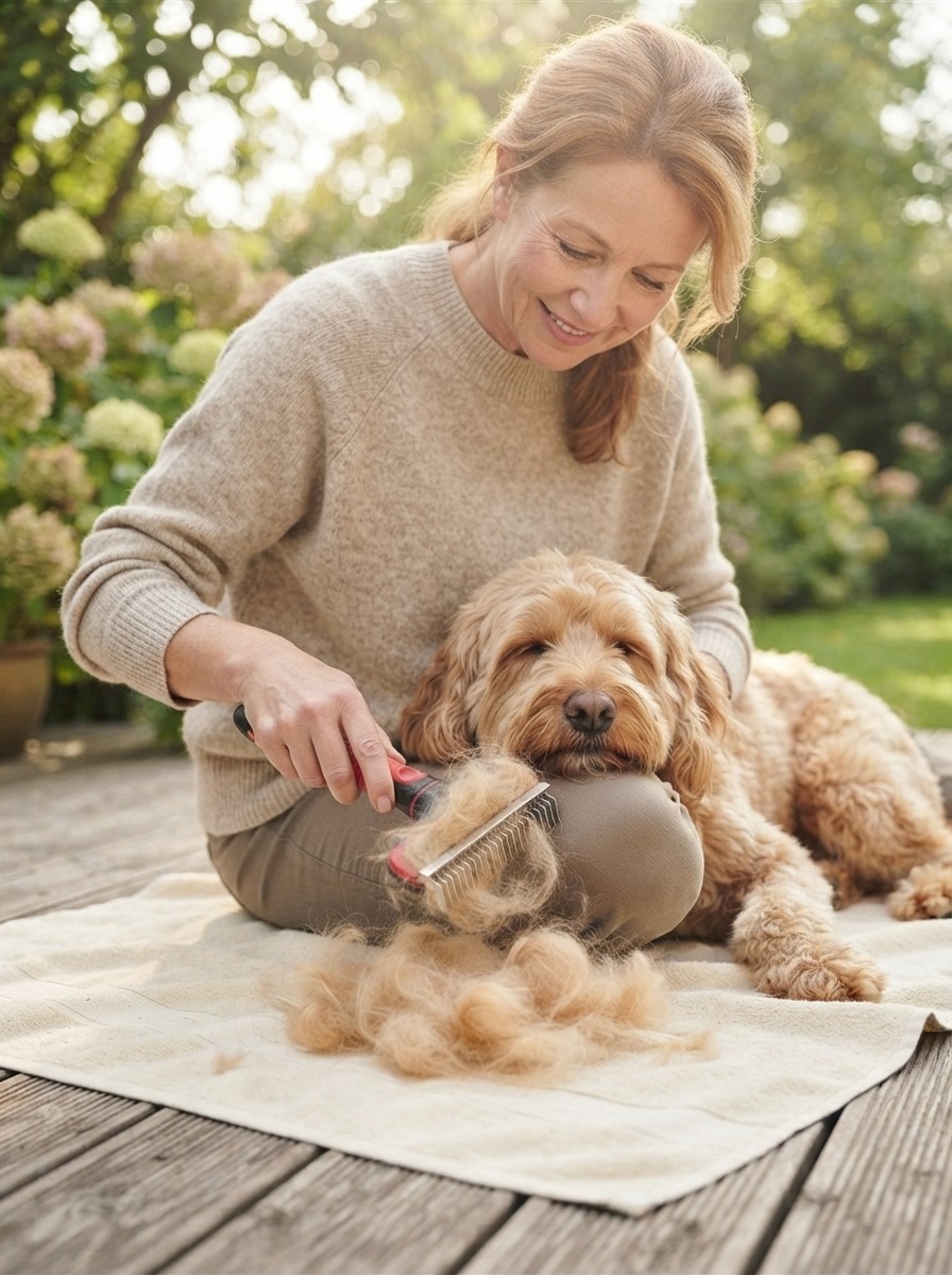 Dog being brushed with a deshedding grooming tool