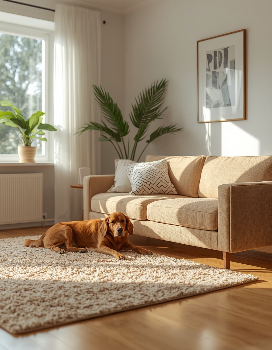 Tidy, pet-hair-free living room with a dog resting on a clean rug
