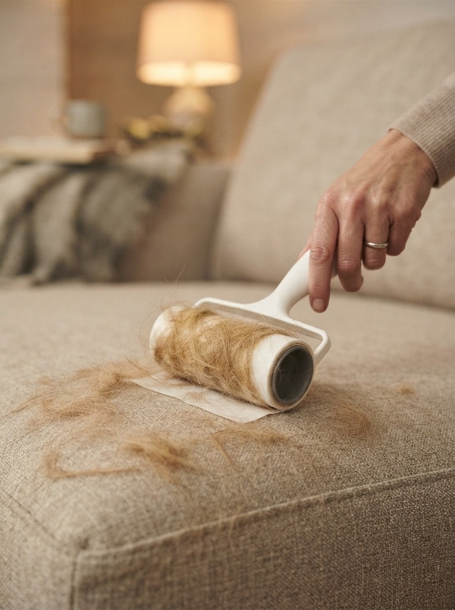 Hand using a lint roller to remove pet hair from a sofa cushion