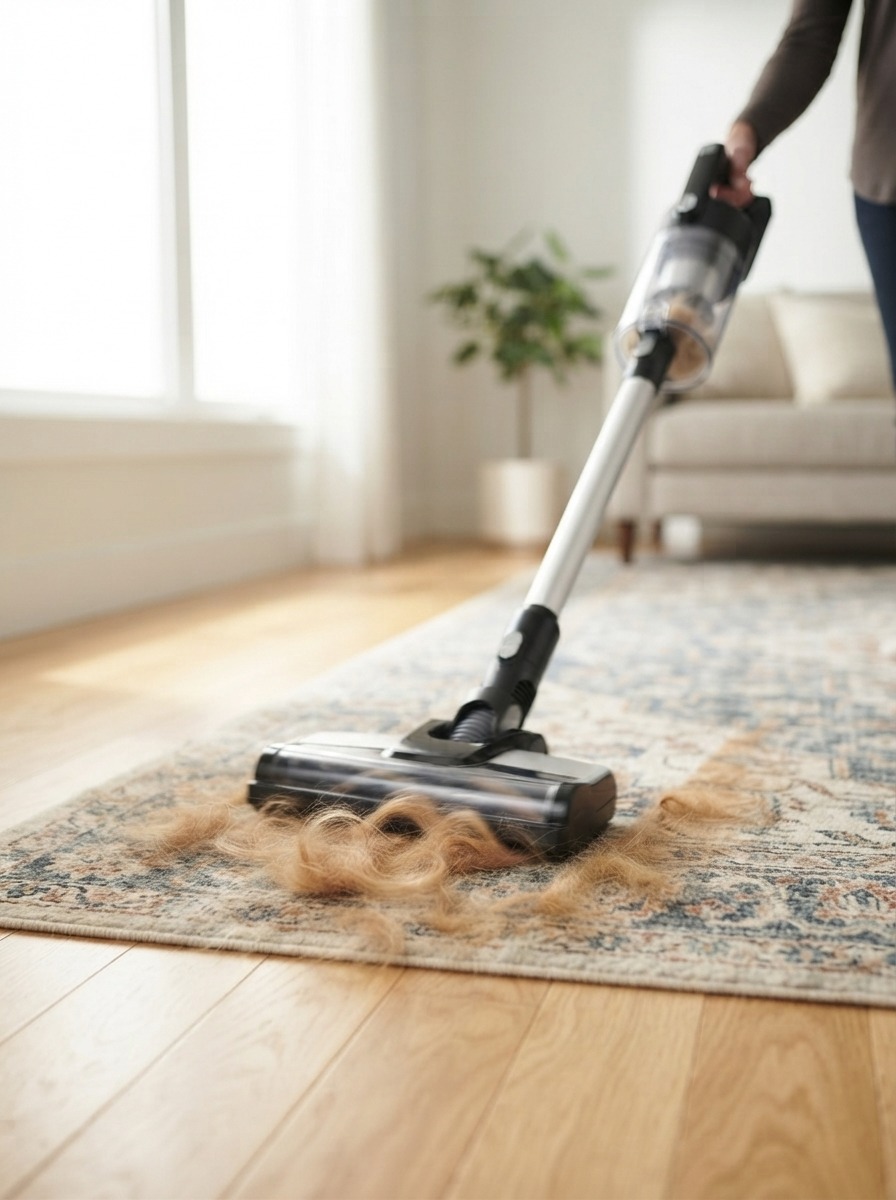 Vacuum cleaner picking up pet hair from a rug on a hardwood floor