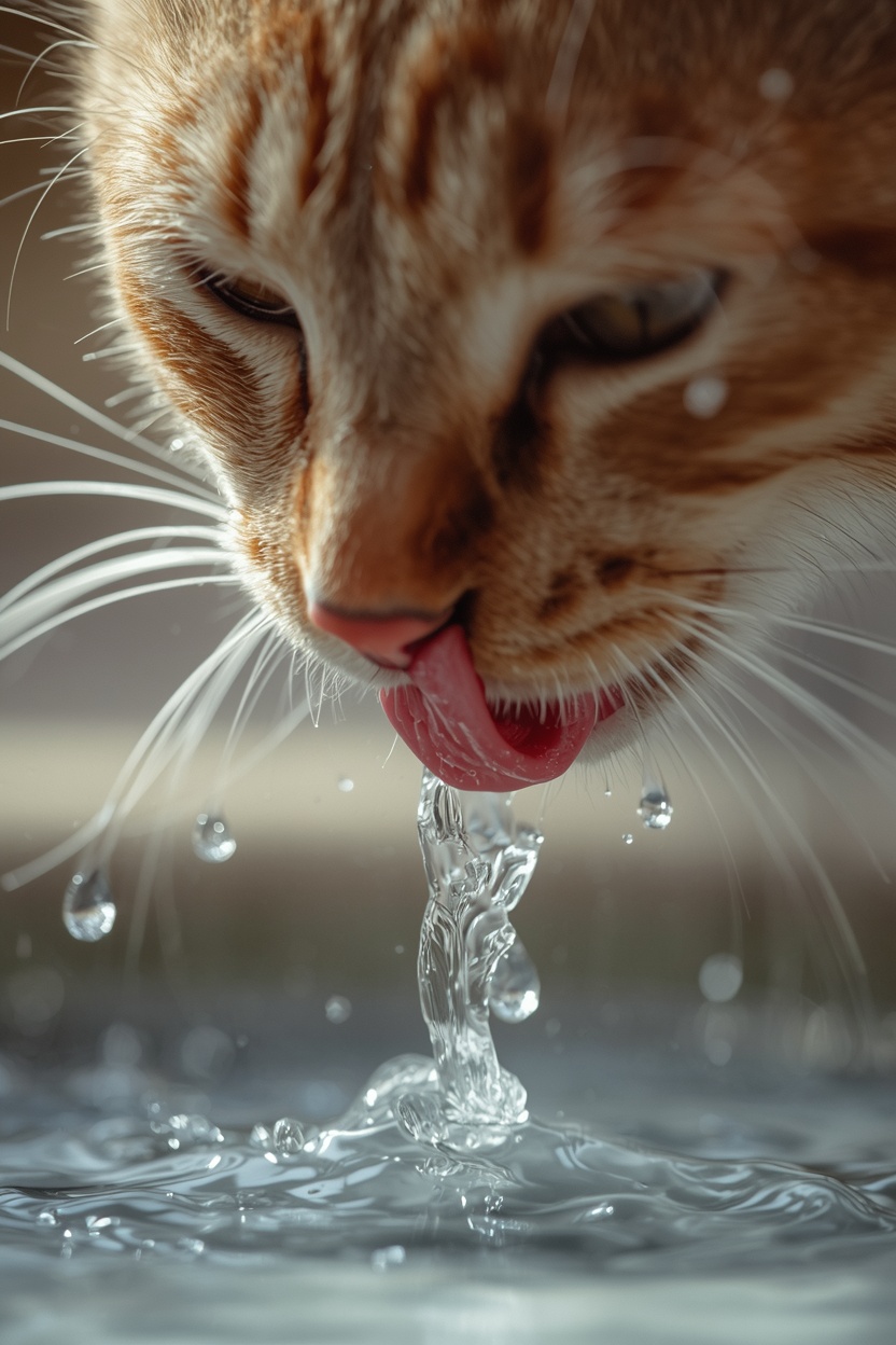 Cat drinking directly from the flowing stream of a water fountain