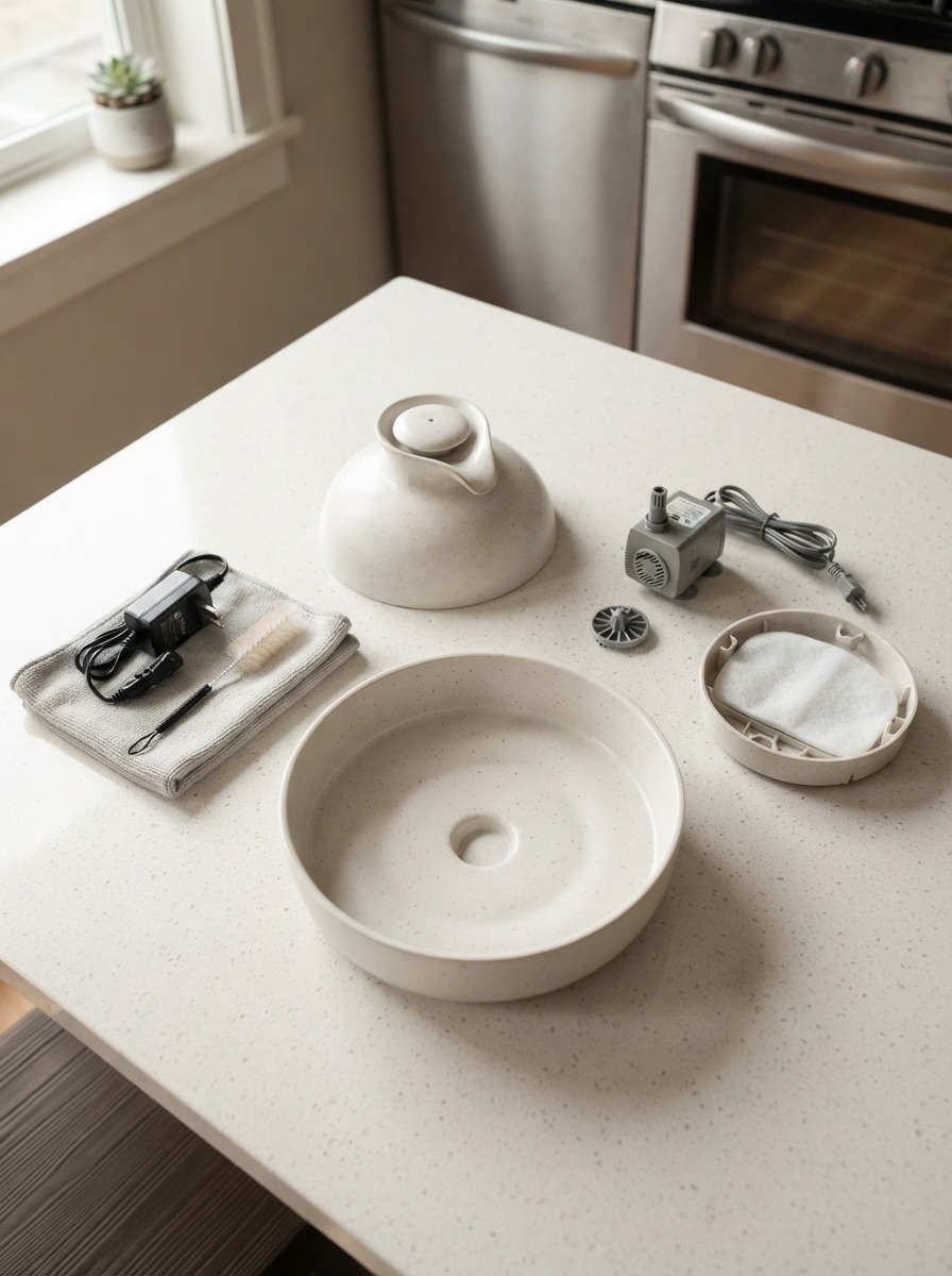 Pet water fountain disassembled into parts for cleaning