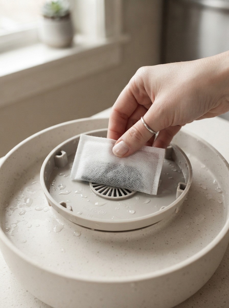 Hand replacing a carbon filter cartridge in a pet water fountain
