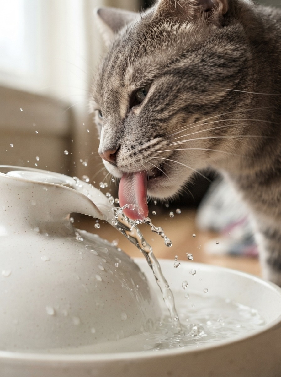 Cat drinking from a flowing pet water fountain