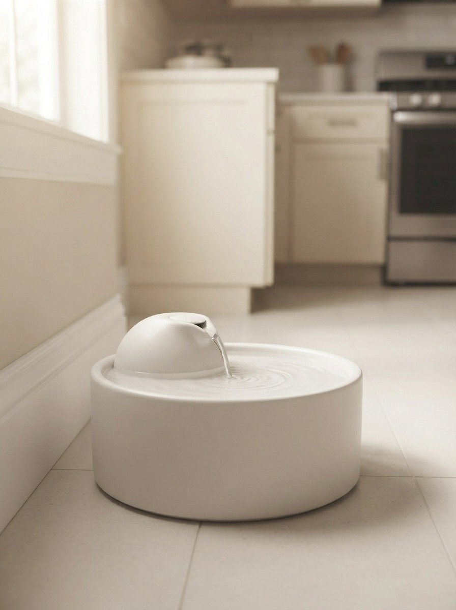 Pet water fountain placed neatly in a kitchen feeding corner