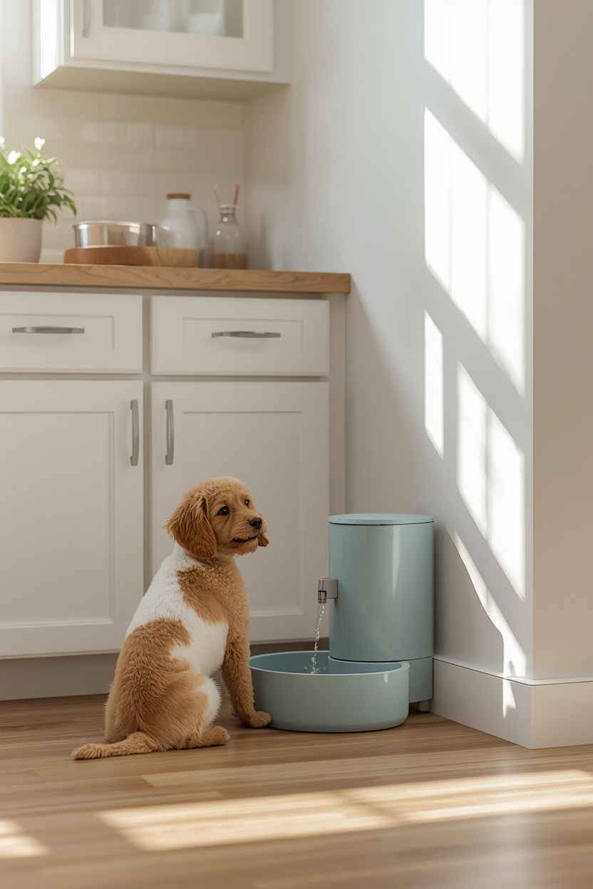 Pet water fountain placed in a convenient kitchen corner away from food bowl