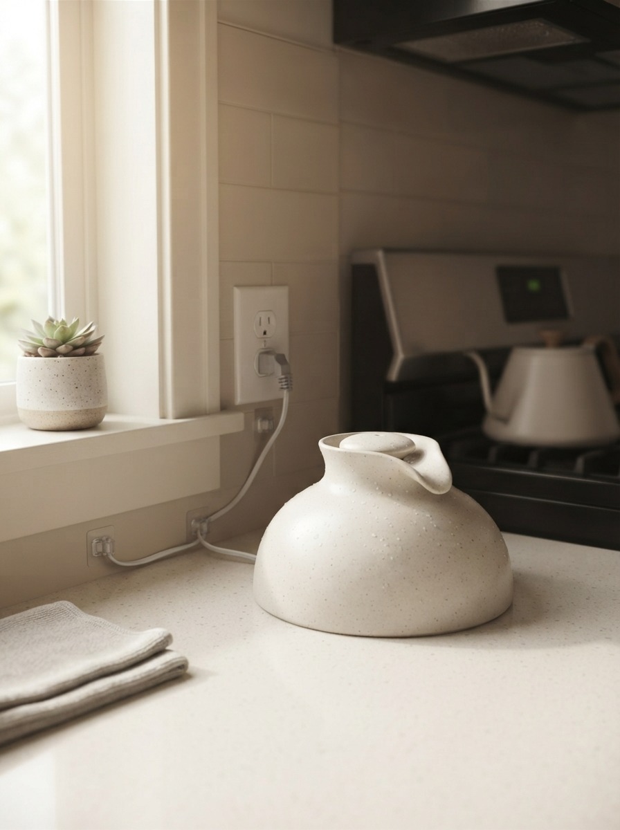 Pet water fountain plugged into a wall outlet in a kitchen