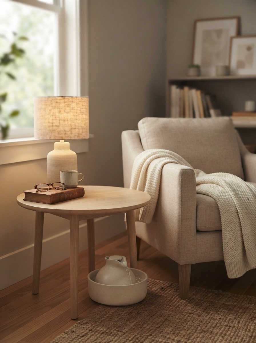 Quiet pet water fountain placed in a calm home corner
