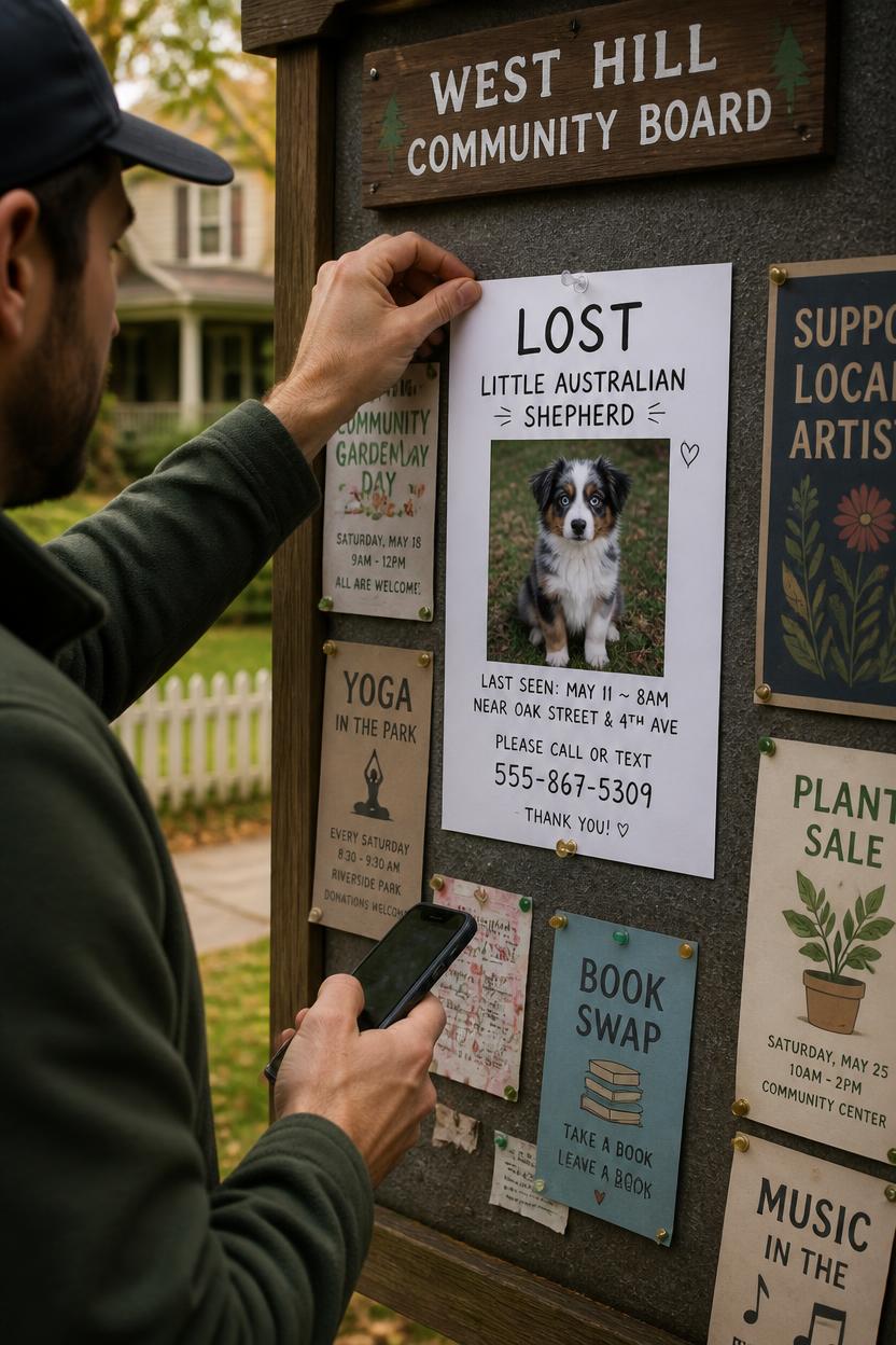 Person posting a lost dog flyer and using a phone app