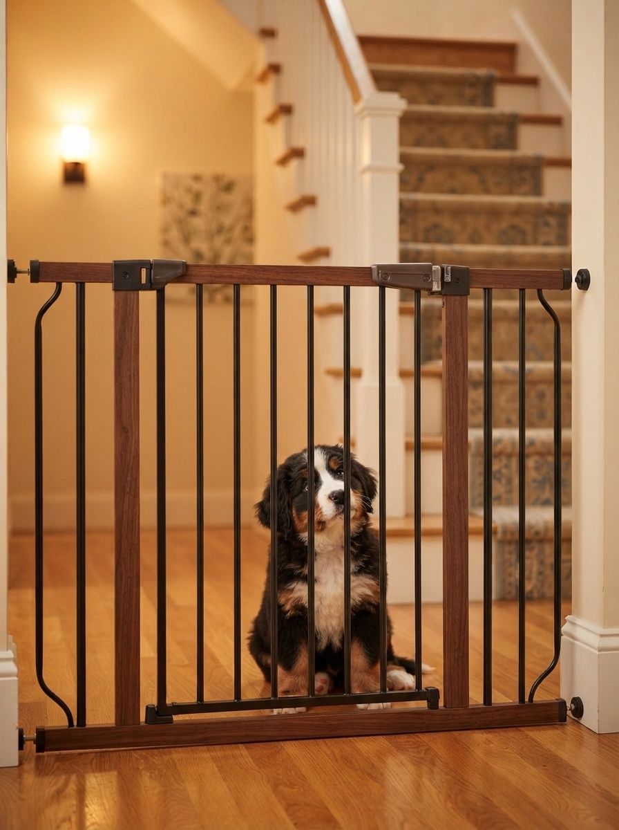 Pet gate installed at the bottom of a staircase to block a puppy's access