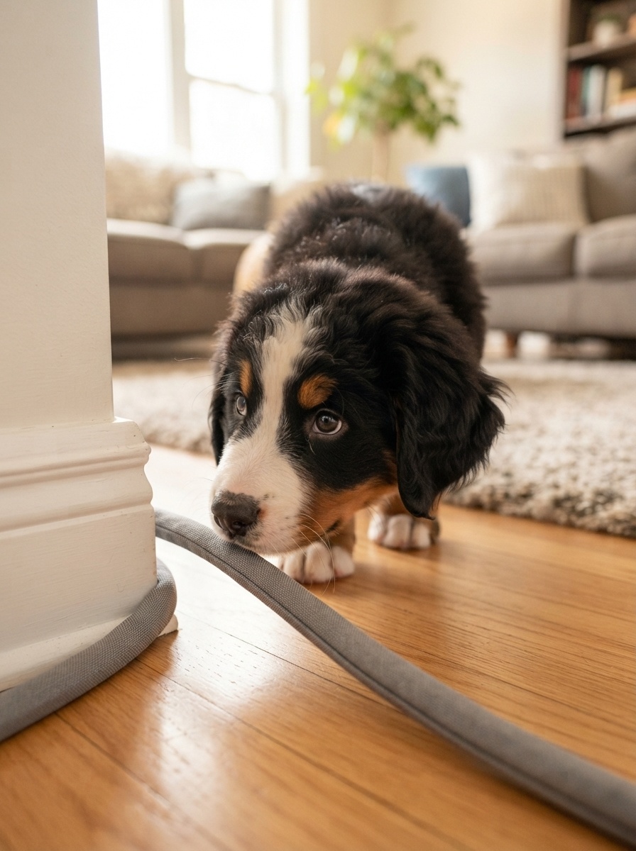 Puppy sniffing near a covered electrical cord along a baseboard