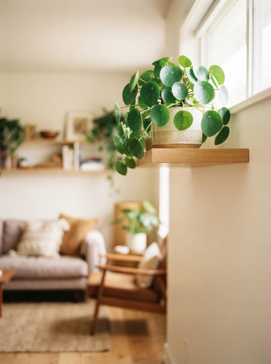 Houseplant placed on a high shelf out of a puppy's reach