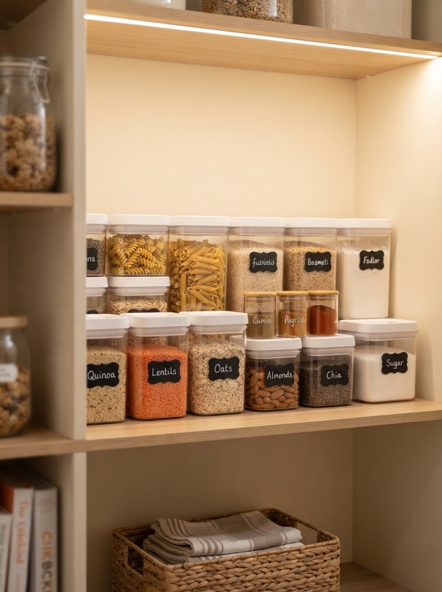 Sealed pet-proof food storage containers in a kitchen pantry
