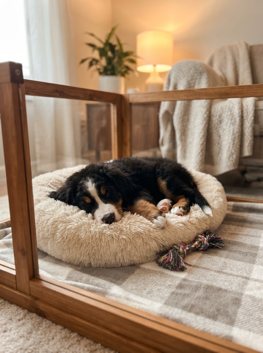 Puppy resting comfortably inside a cozy puppy pen with a soft bed