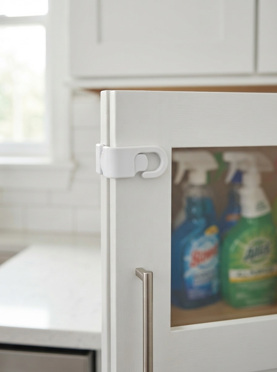 Cabinet with a childproof lock keeping cleaning supplies out of a puppy's reach