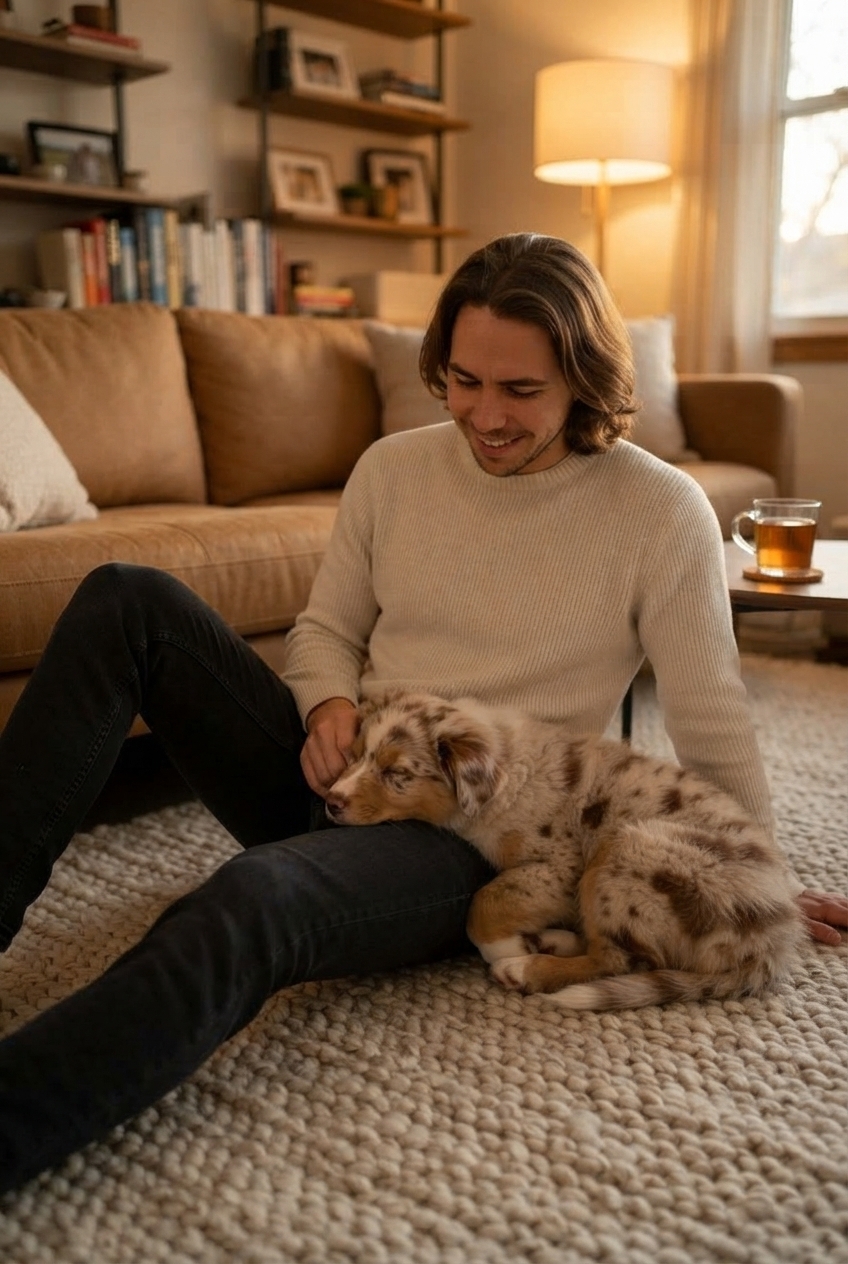 Dog reunited with owner and resting calmly at home